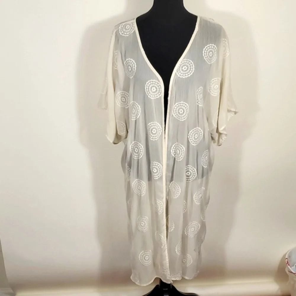 Open Front Kimono Cover-Up - Off White/Ivory - Embroidered - OSFM